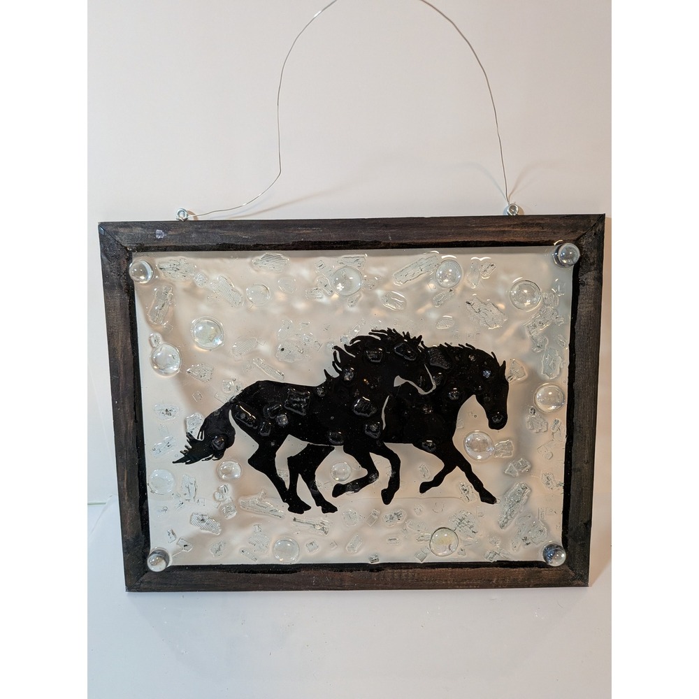 Handmade Mixed Media Horse Wall Art Crushed Glass Resin Wood Frame 12.5x9.5